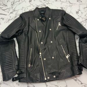 Men's Black Silver Motorcycle Lambskin Genuine Leather Jacket